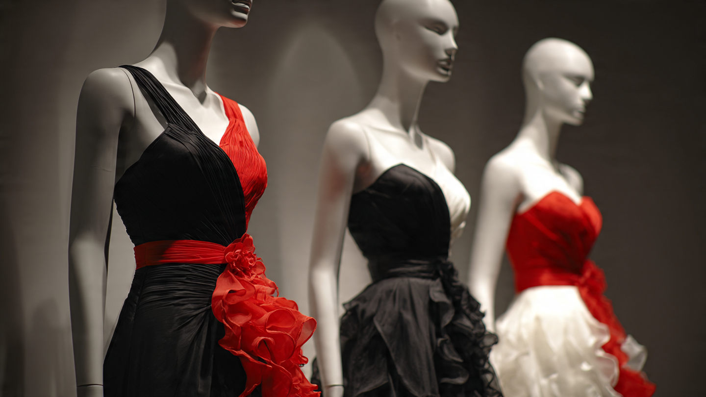 Elegant gowns on mannequins in showroom